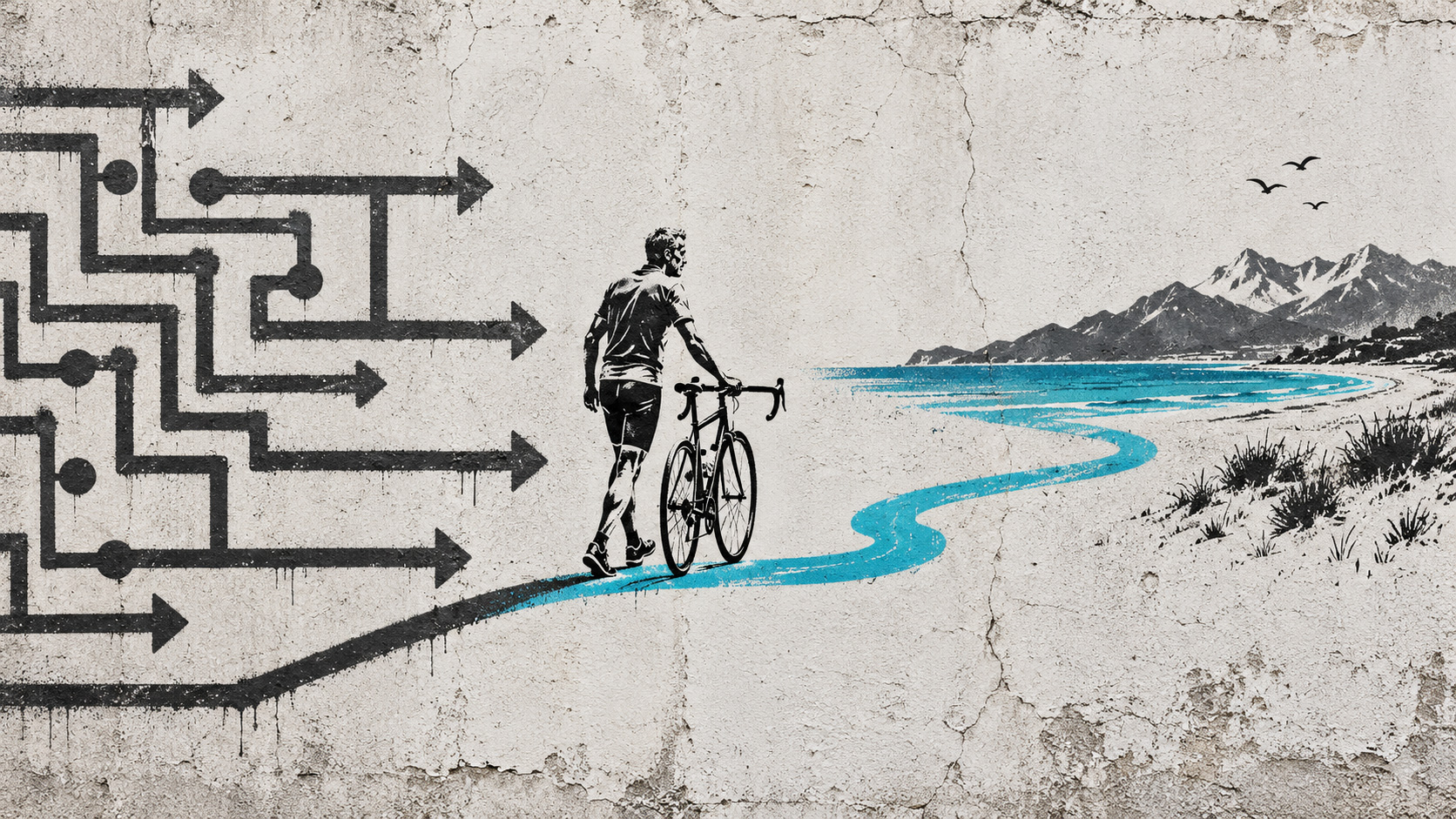 Un uomo con una bicicletta si allontana da frecce geometriche e segue un sentiero turchese verso il mare e le montagne, in stile graffiti stencil.