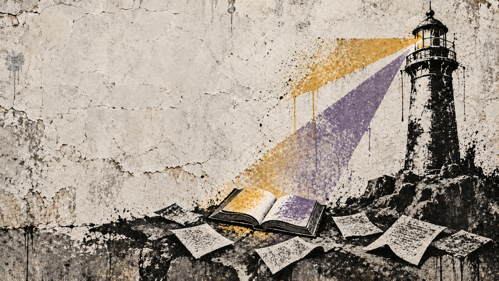 Un faro illumina un libro fra fogli sparsi, metafora della visibilità fondata su informazioni credibili.