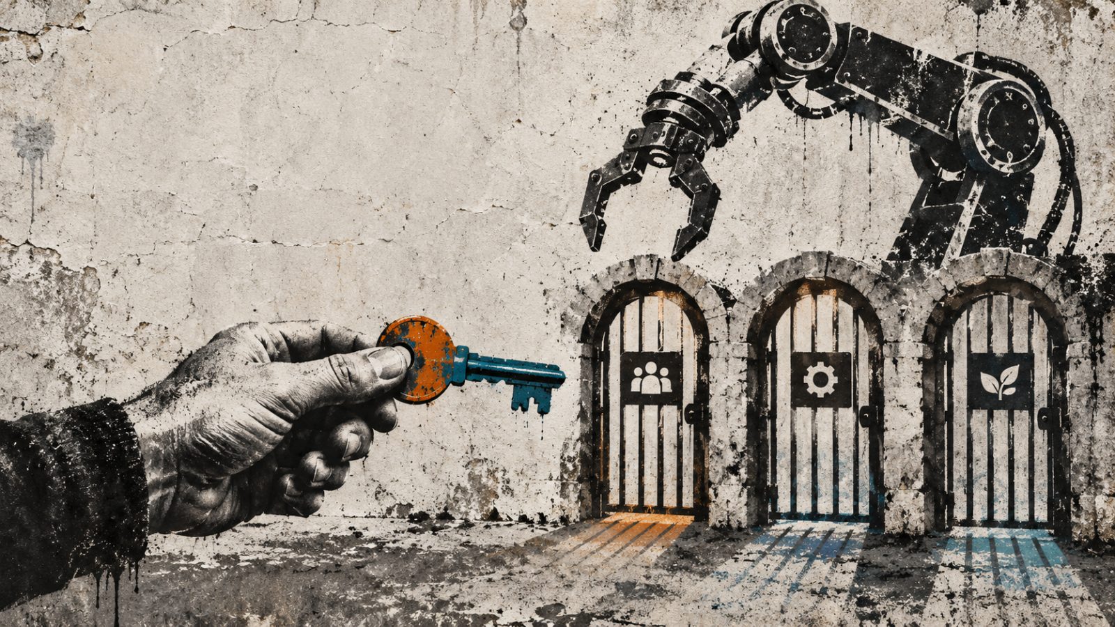 Una mano con una chiave controlla l’accesso di un braccio meccanico a una serie di varchi.
