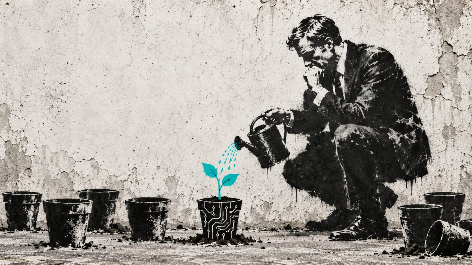 Una persona cura una pianta fra vasi vuoti: metafora della scelta degli investimenti AI.