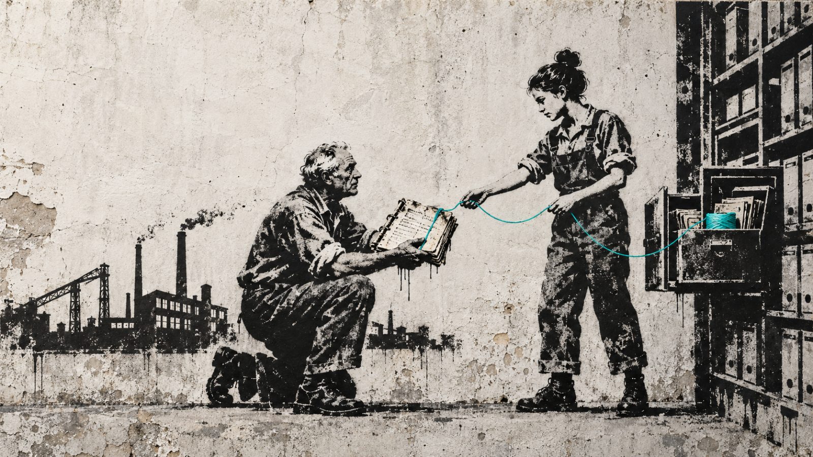 Due lavoratori trasferiscono un filo da un quaderno a un archivio, simbolo della conoscenza condivisa.