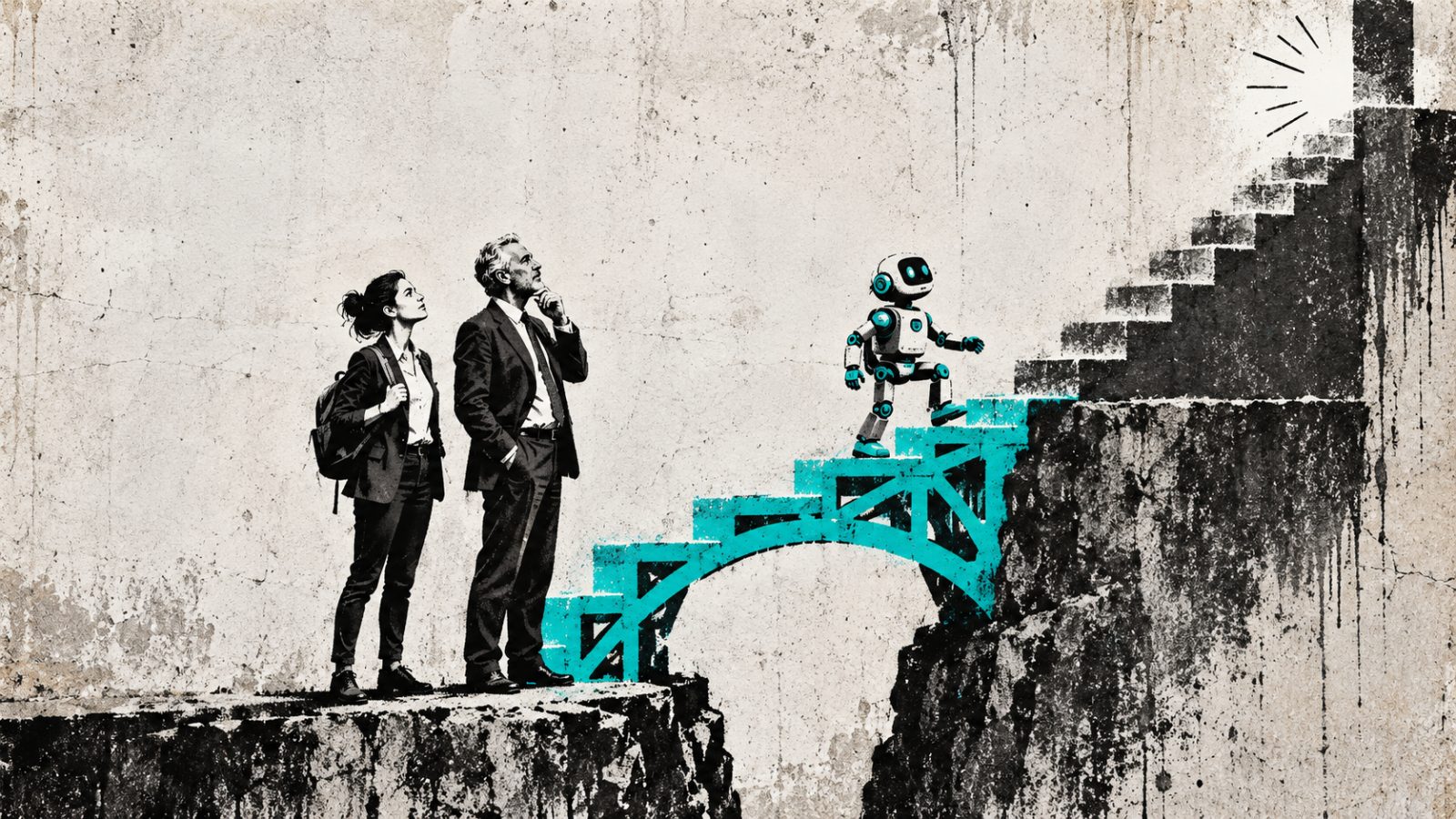 Due colleghi osservano una scala e un ponte, metafora dell’apprendimento nel lavoro assistito dall’AI.